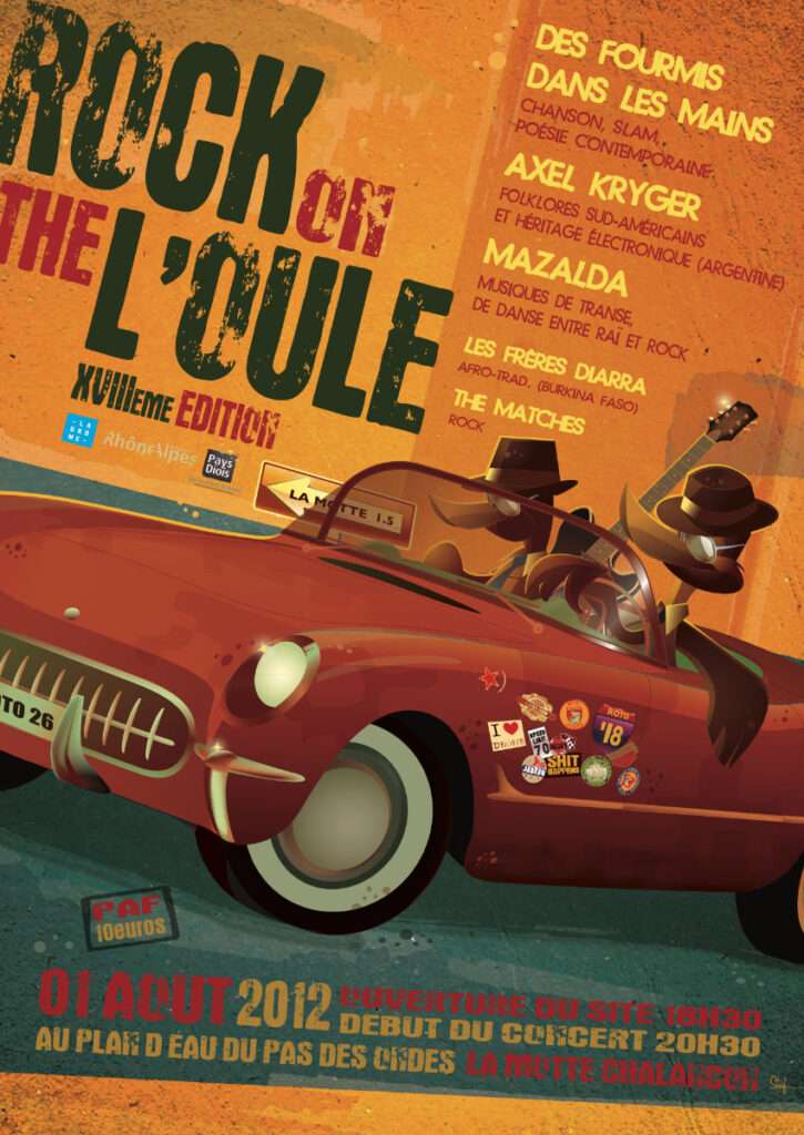Affiche figurant trois canards dans une voiture décapotable se rendent à un festival de musique