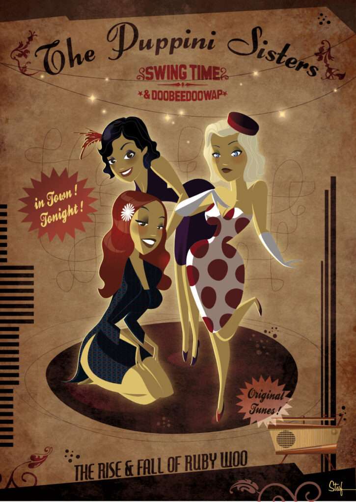 Poster rétro de concert représentant trois chanteuses rétro-jazz en illustration