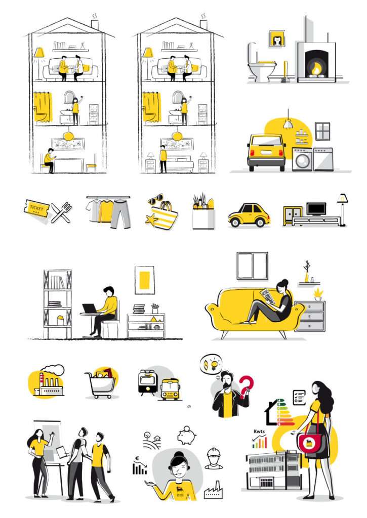 Diverses scènes de personnages à leur domicile utilisant des appareils électriques