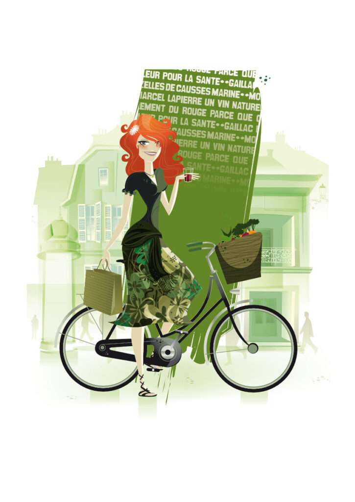Jeune fille rousse à vélo qui tient un verre de vin et transporte un panier de légumes